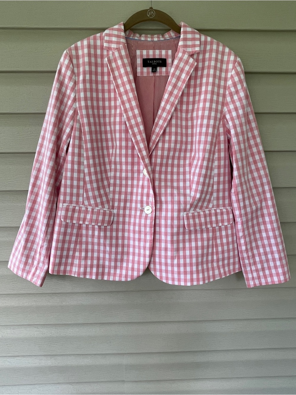 Talbots Petite Women's Pink and White Gingham Button Up Blazer Jacket Size 14P